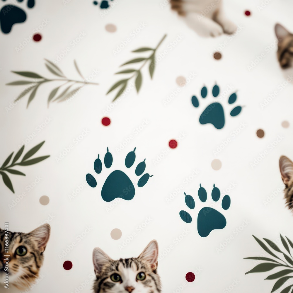 Naklejka premium Seamless Pet Paw Prints Pattern Cats Dogs Leaves Dots Background