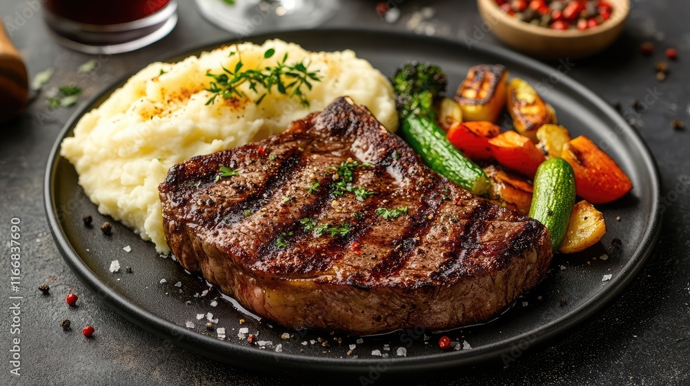 Luxurious steak dinner with mashed potatoes, grilled vegetables, and a glass of red wine Luxurious steak dinner with mashed potatoes, grilled vegetables, and a glass of red wine
