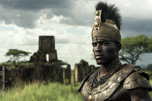 African king with a headdress in an African landscape with ruins. photo