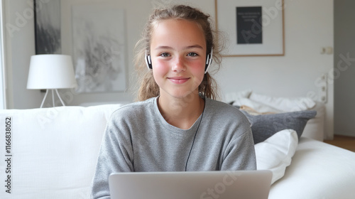 Germany girl online in living room holding a laptop and earphones