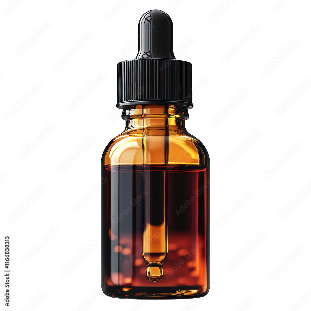 A glass dropper bottle filled with amber liquid for dispensing. A glass dropper bottle filled with amber liquid for dispensing.
