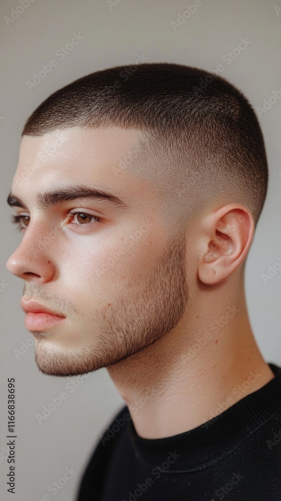 Fototapeta premium A bold buzz cut with clean, sharp edges and a subtle fade for a sleek and low-maintenance hairstyle.