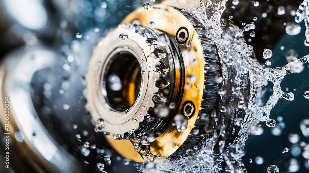 Close-Up of a Water-Splashing Gear Mechanism Under High Pressure with Vibrant Details Close-Up of a Water-Splashing Gear Mechanism Under High Pressure with Vibrant Details