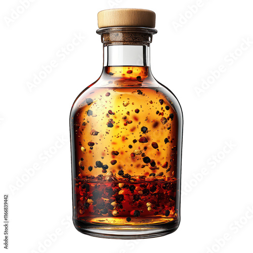 A glass bottle filled with chili oil and floating spices.