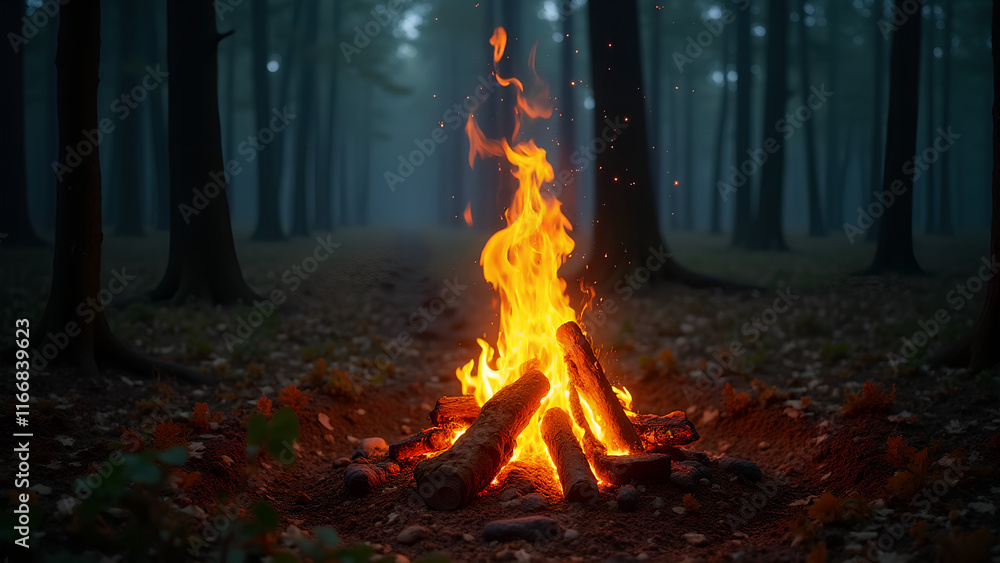 Ein Lagerfeuer, das in der Mitte eines stillen Waldes lodert.