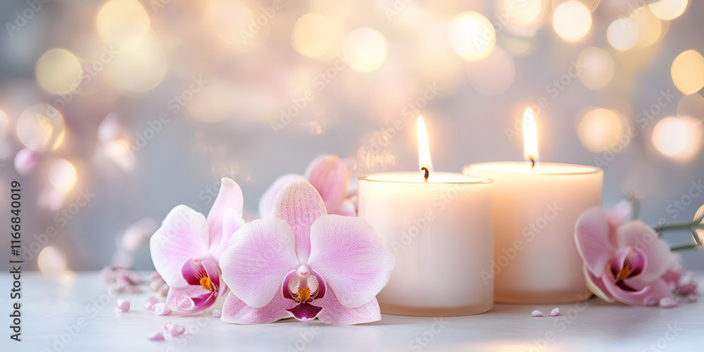 White Candles with Pink Orchids and Soft Glowing Background White Candles with Pink Orchids and Soft Glowing Background