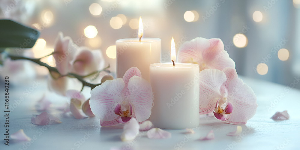 White Candles with Pink Orchids and Soft Glowing Background White Candles with Pink Orchids and Soft Glowing Background