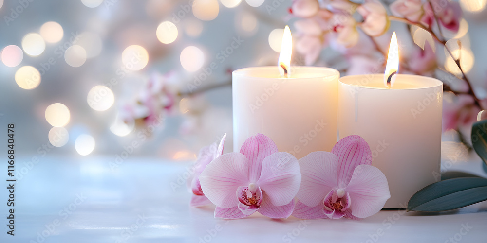 White Candles with Pink Orchids and Soft Glowing Background White Candles with Pink Orchids and Soft Glowing Background
