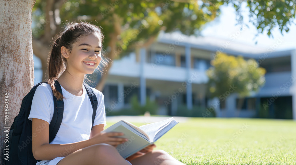 Obraz premium Australian girl sitting on grass under the tree reading a book studying