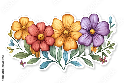 Sticker, 2d flower pattern, white background, flowers style, cute, Generative AI illustration