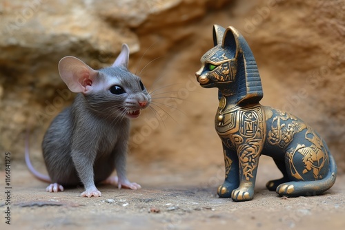 a mouse with an angry face looks at a sphinx cat with a tattoo who stands opposite and smiles photo