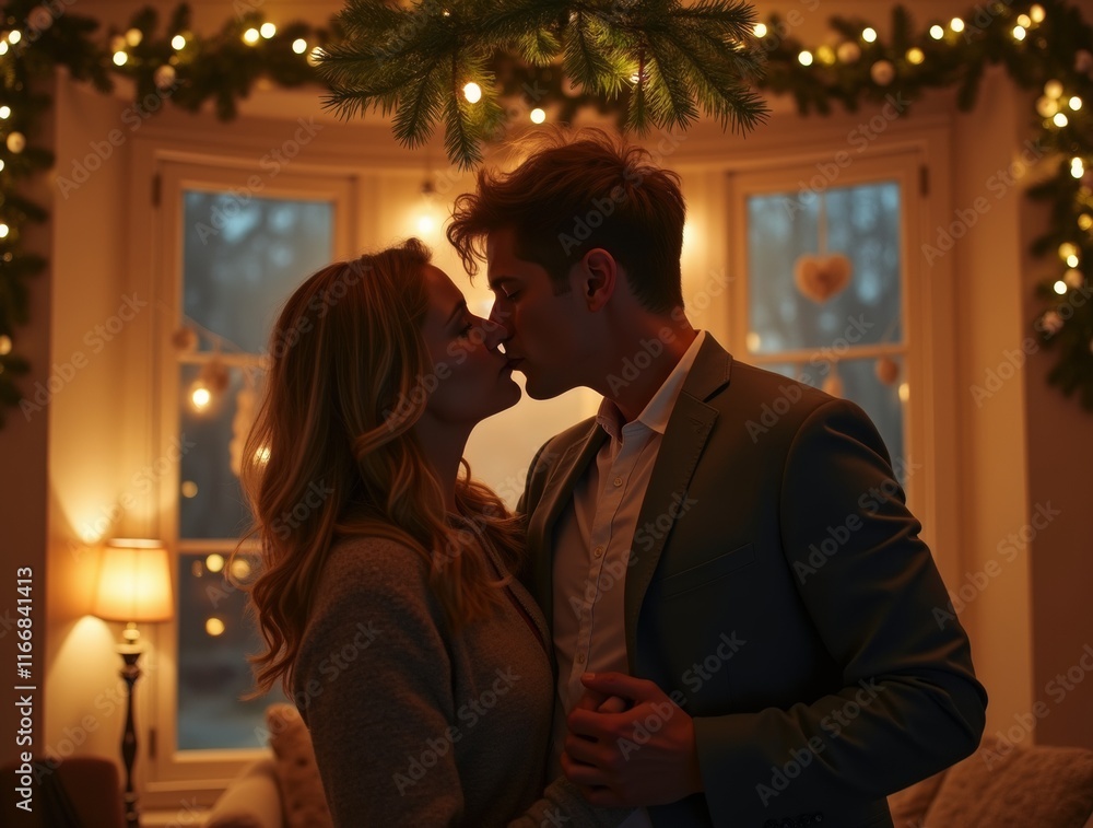 Fototapeta premium Couple kissing under mistletoe with warm lights, surrounded by holiday decorations in a cozy living room, capturing a romantic Christmas moment.