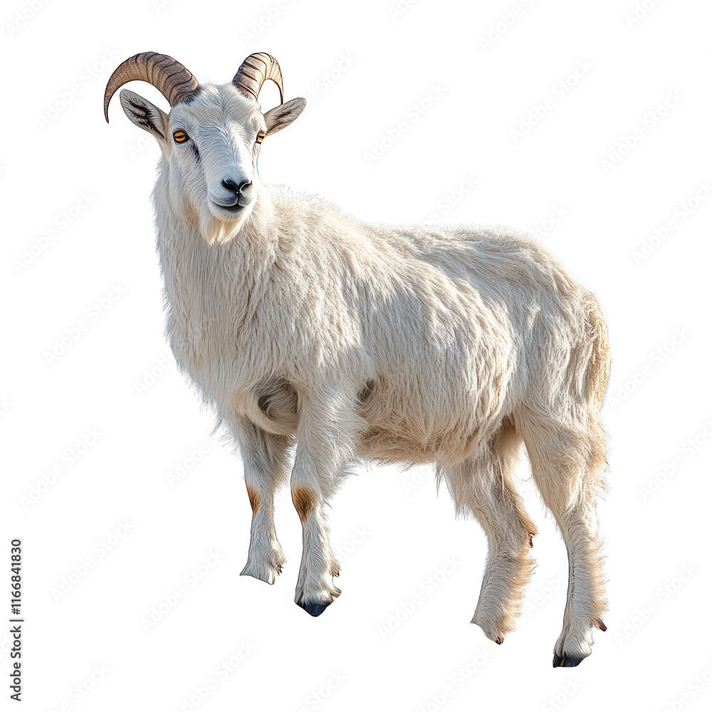 A standing white ram with curved horns on a transparent background. A standing white ram with curved horns on a transparent background.