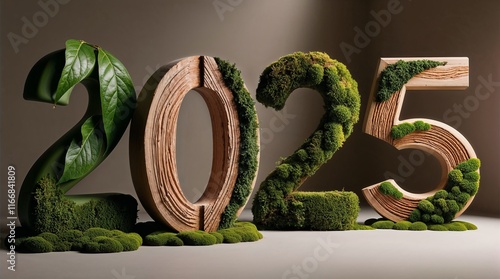 Wooden numbers 2025 decorated with moss and leaves. Eco-friendly New Year concept.