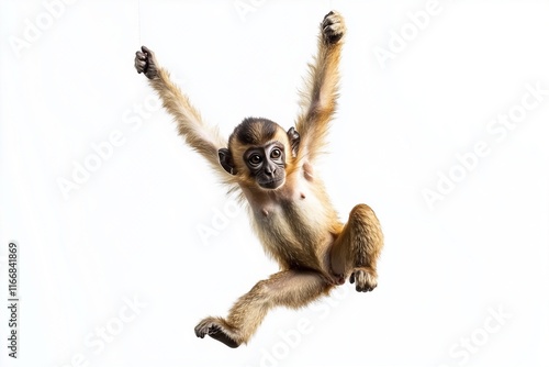 Baby monkey hanging and swinging on white background