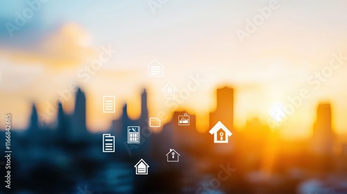 Fototapeta Naklejka Na Ścianę i Meble -  City skyline with floating tax icons urban landscape digital imagery evening light aesthetics of finance
