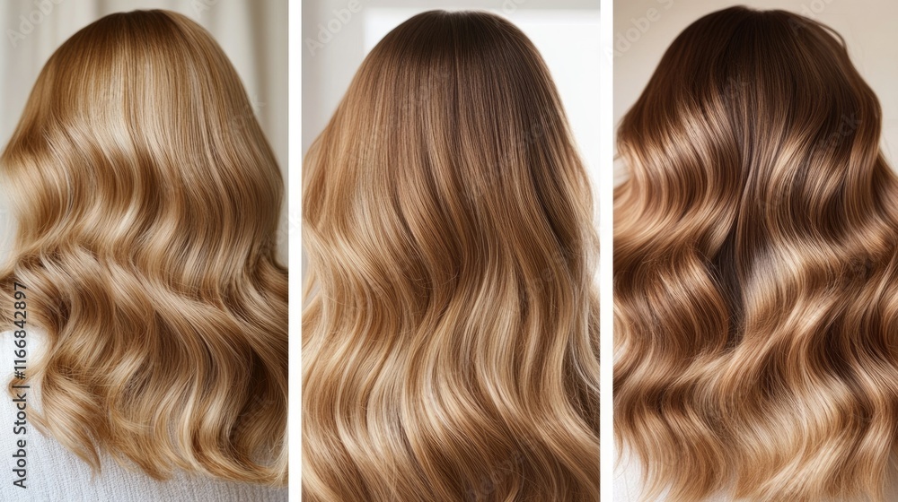 Fototapeta premium A luxurious showcase of golden and honey brown hair tones, styled in natural waves for a warm, soft glow.