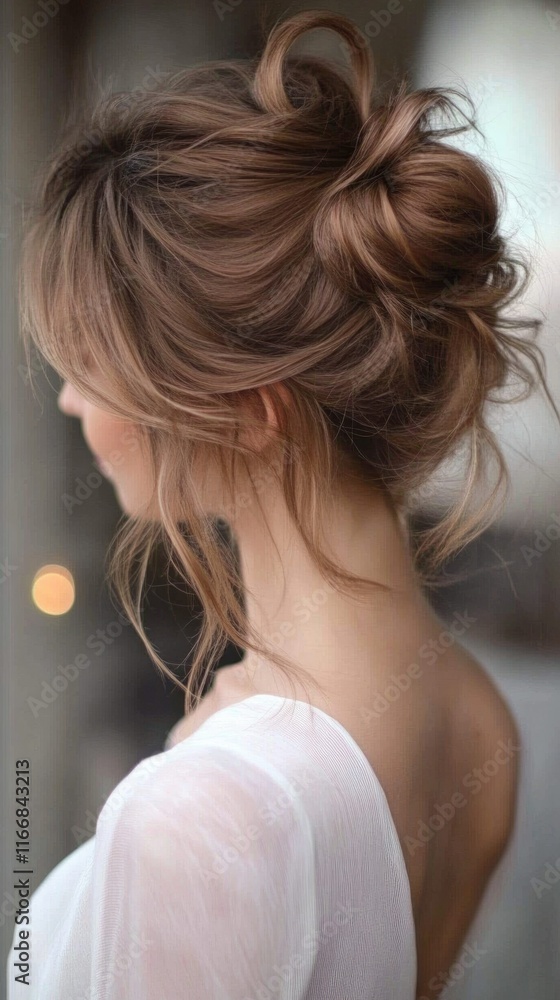 A messy bun with loose curls and subtle highlights, styled for a casual yet elegant vibe. A messy bun with loose curls and subtle highlights, styled for a casual yet elegant vibe.