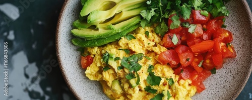 A plate of breakfast burritos with scrambled eggs and avocado photo