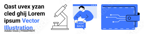 Text sample, microscope icon, person holding Cash Back, and digital wallet illustration. Ideal for finance, technology, education, research, promotions, websites, UIUX, and e-commerce. Landing page