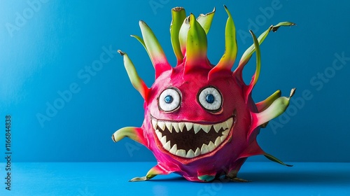 A whimsical dragon fruit with a cartoonish face and expressive features against a blue background. photo