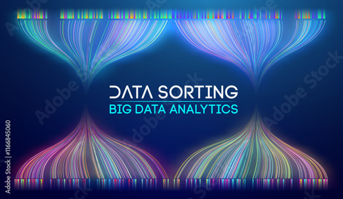 Abstract depiction of data sorting with symmetrical colorful flows converging and diverging. Represents big data processing and technological organization.