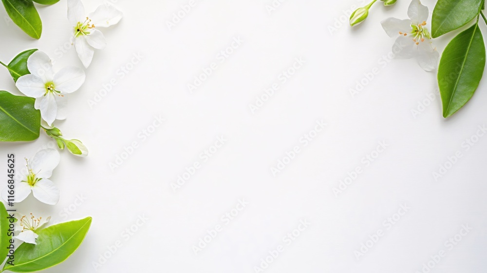 Fototapeta premium White Flowers and Green Leaves Frame on Minimalist Background for Nature Designs