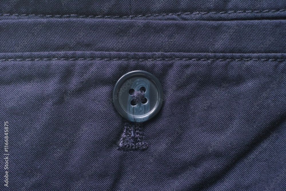 Close-up shot of a dark blue button on the back pocket Close-up shot of a dark blue button on the back pocket