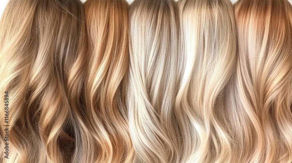 Naklejka premium A shimmering display of golden blonde hair shades with hints of honey, caramel, and sunlit highlights.