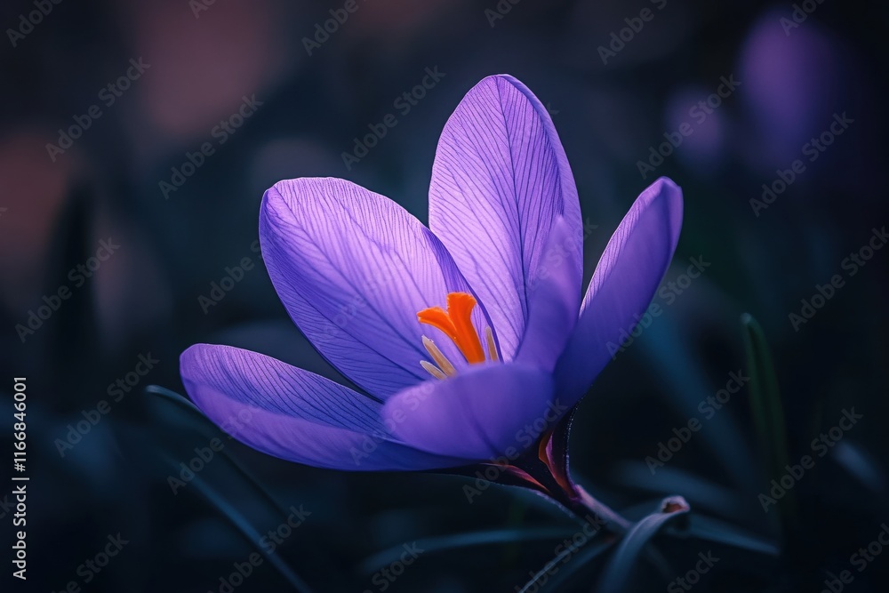 Fototapeta premium Beautiful Purple Crocus Flower Blooms in Garden with Soft Focus Background