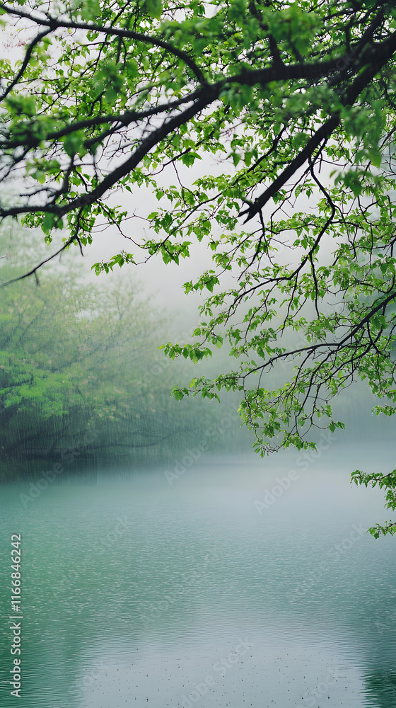 Misty spring rain falls on a tranquil lake surrounded by lush green trees, creating a serene and atmospheric scene of nature's beauty Misty spring rain falls on a tranquil lake surrounded by lush green trees, creating a serene and atmospheric scene of nature's beauty