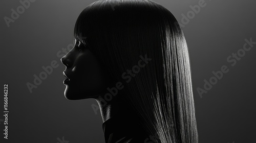 A sleek hairstyle poster featuring long, straight hair styled with a deep side part and a mirror-like shine.