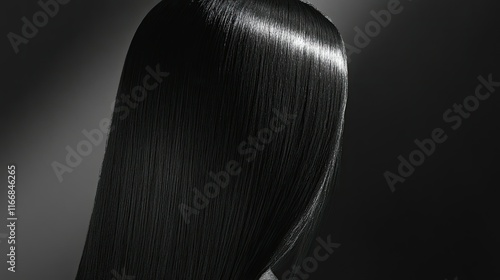 A sleek hairstyle poster featuring long, straight hair styled with a deep side part and a mirror-like shine.