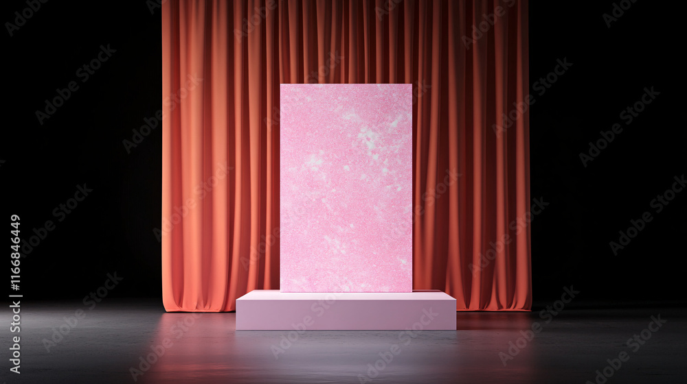 pink textured backdrop with pedestal, illuminated in dark space, creates striking visual. soft lighting enhances vibrant colors, perfect for showcasing art or products pink textured backdrop with pedestal, illuminated in dark space, creates striking visual. soft lighting enhances vibrant colors, perfect for showcasing art or products