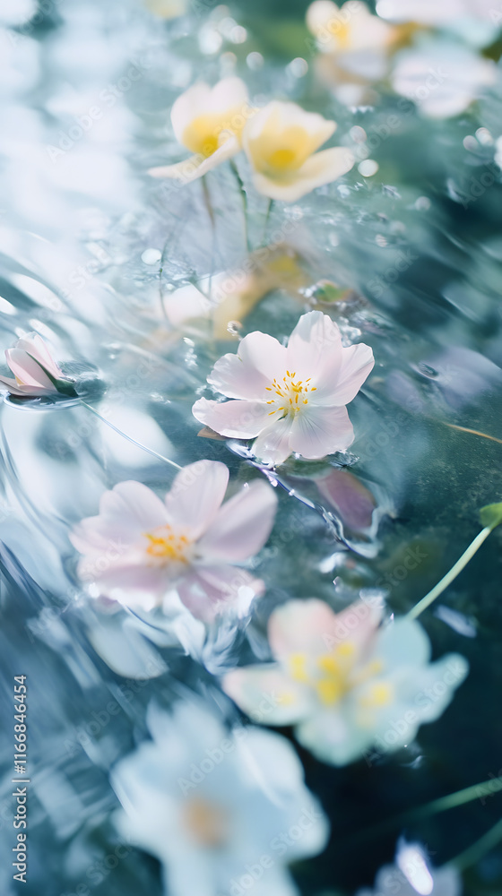 Obraz premium Abstract background showcasing delicate flowers floating on tranquil water, creating a serene and dreamy atmosphere