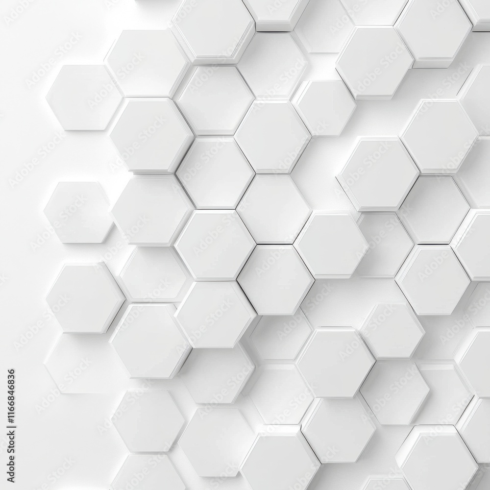 A modern abstract wall featuring a pattern of white hexagonal tiles in varying arrangements. A modern abstract wall featuring a pattern of white hexagonal tiles in varying arrangements.