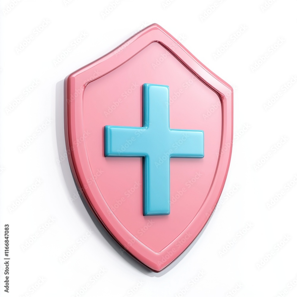 Obraz premium Stylized pink and blue shield with a cross symbol, representing health and protection themes.