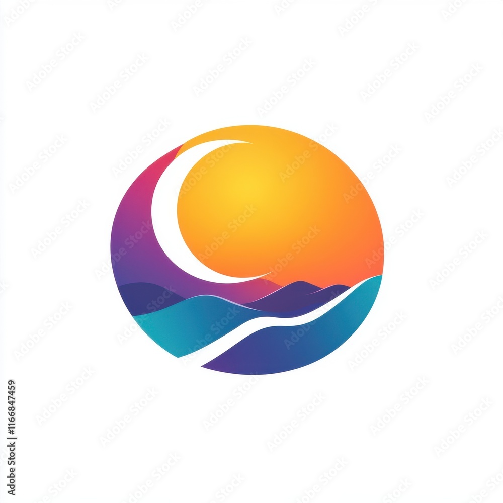 A vibrant sunset over rolling hills with a crescent moon, evoking tranquility and natural beauty. A vibrant sunset over rolling hills with a crescent moon, evoking tranquility and natural beauty.