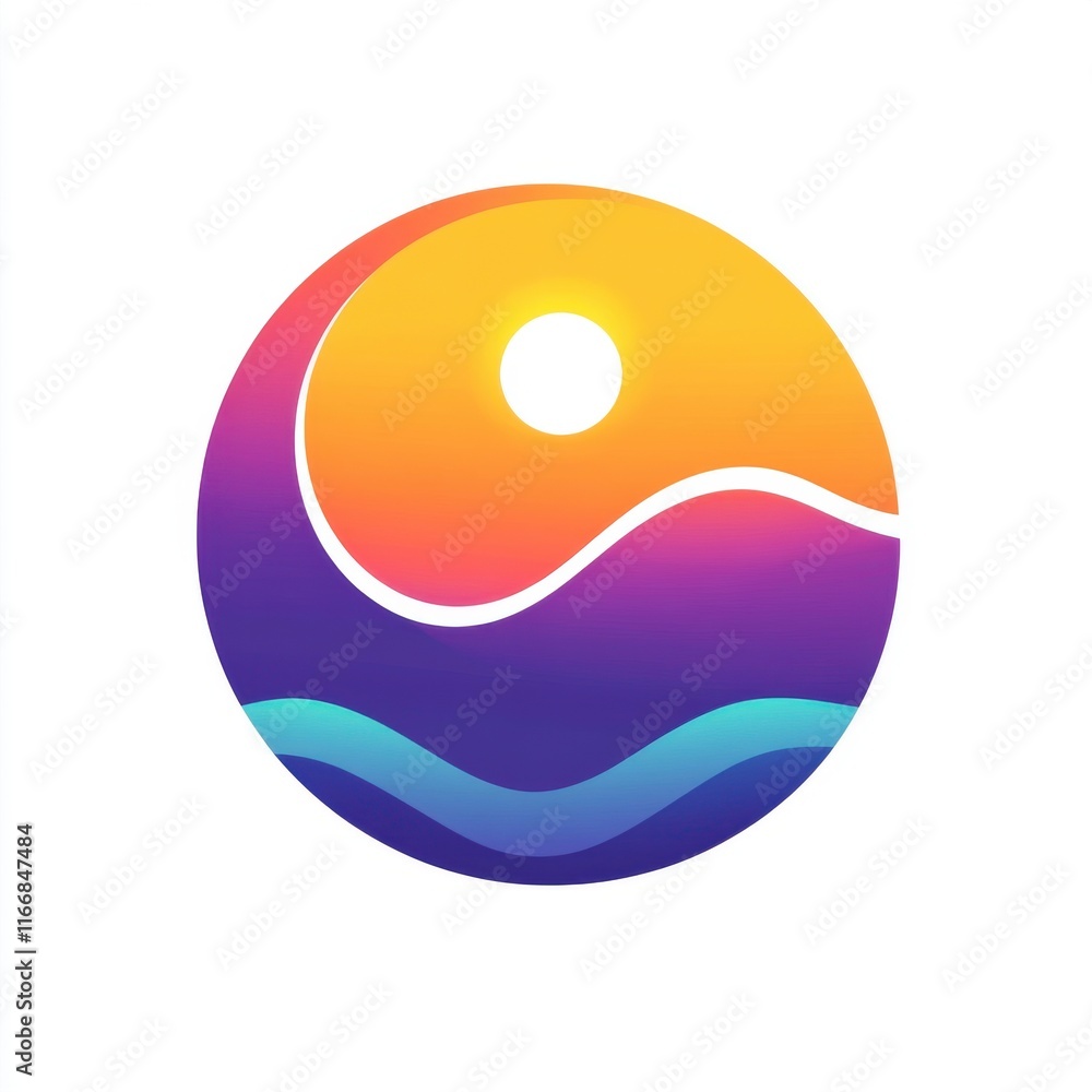 Colorful abstract logo featuring a sunset over stylized waves, creating a calm and vibrant atmosphere. Colorful abstract logo featuring a sunset over stylized waves, creating a calm and vibrant atmosphere.