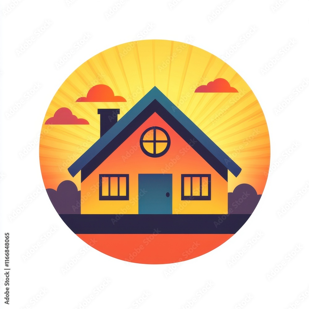 Colorful illustrated house with a sunset backdrop, exuding warmth and comfort. Colorful illustrated house with a sunset backdrop, exuding warmth and comfort.