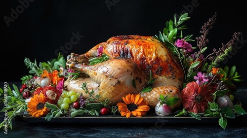 A roasted chicken with herbs and vegetables, golden and crispy photo