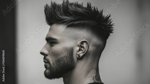A trendy men hairstyle featuring a sharp mohawk fade with a textured top styled into subtle spikes.