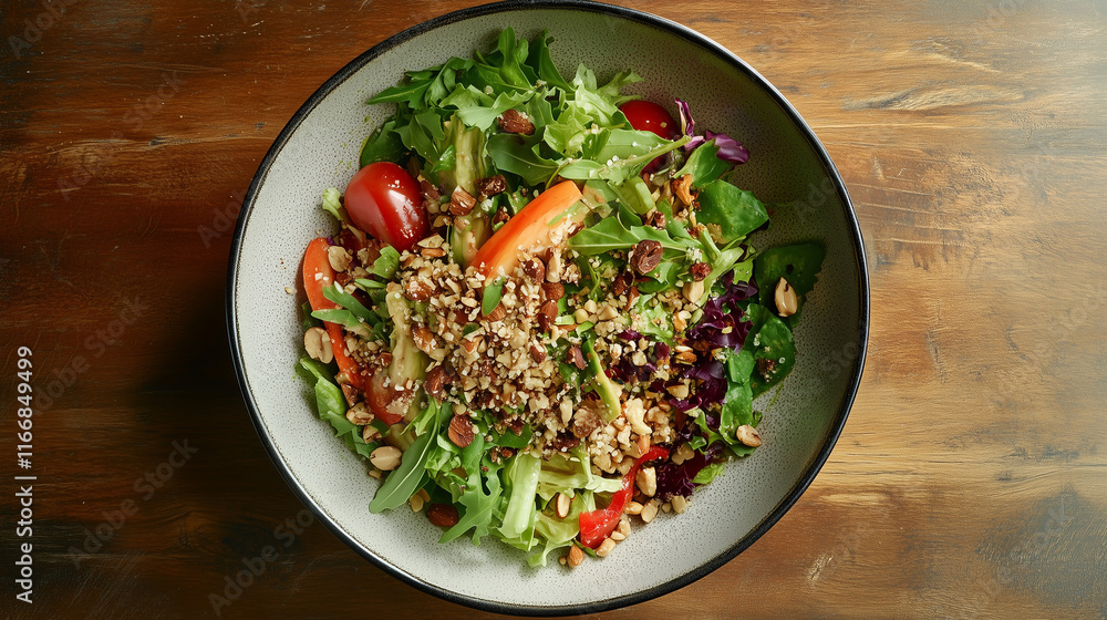 Healthy Meal with Colorful Salad Fresh Vegetables Nuts and Light Dressing on Rustic Wooden Table
Healthy Meal with Colorful Salad Fresh Vegetables Nuts and Light Dressing on Rustic Wooden Table