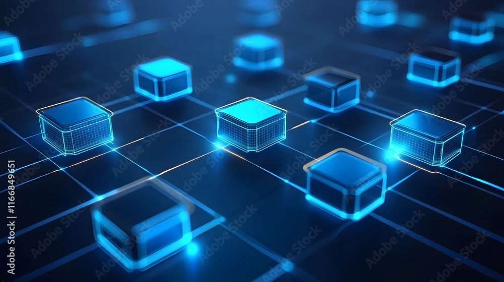 Interconnected glowing blue network of digital nodes creating geometric abstract shapes against a sleek dark gradient background in a minimalist high tech style Interconnected glowing blue network of digital nodes creating geometric abstract shapes against a sleek dark gradient background in a minimalist high tech style