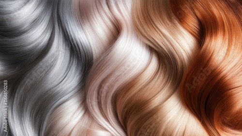 An artistic banner showcasing metallic hair shades, including silver, rose gold, and soft bronze, in shiny flowing hair.