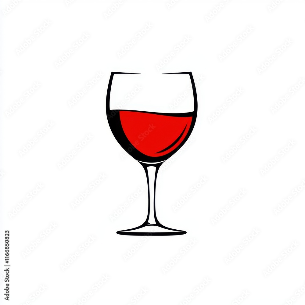 A stylish line art illustration of a wine glass filled with red wine.