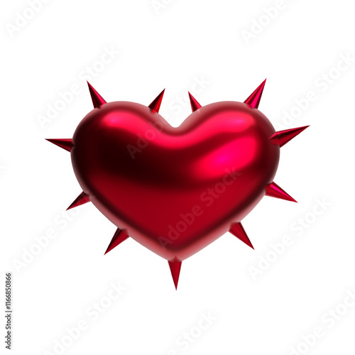 3D red metallic heart with spikes and thorns, glossy chrome surface, isolated vector illustration. Abstract love symbol for Valentine’s Day, punk style, fashion, and Y2K aesthetics