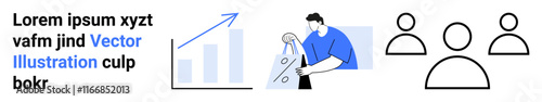 Business team concept showcasing growth and teamwork. Features upward trend graph, person with shopping bags, text paragraph, and three team icons. Ideal for sales, marketing, e-commerce, business
