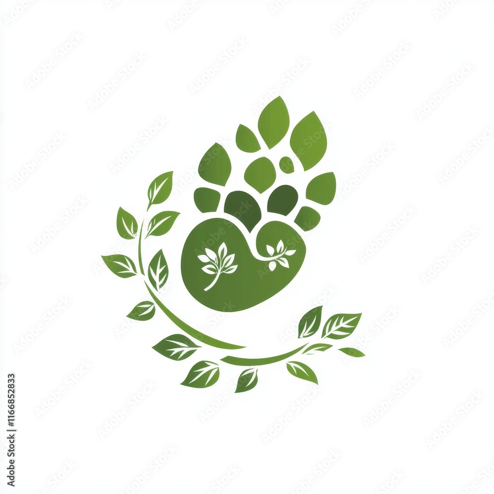 A vibrant green leaf logo symbolizing nature and sustainability, featuring a heart shape and intricate leaf designs.