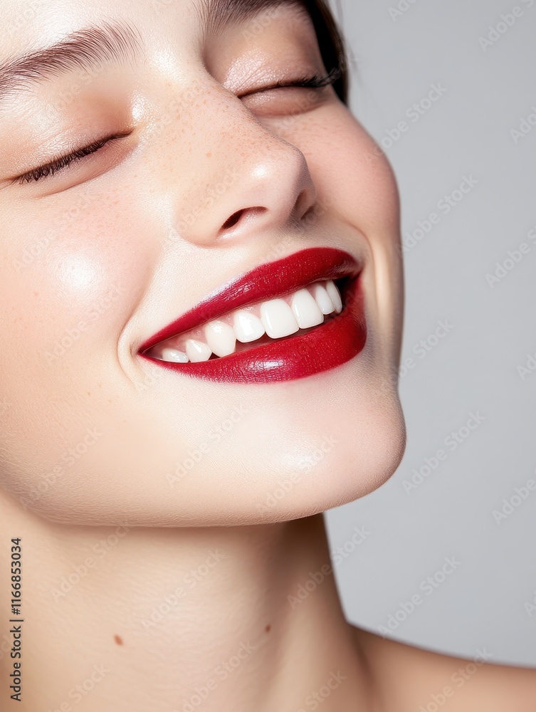 Obraz premium Smiling woman portrait studio setting beauty content neutral background close-up view radiant confidence